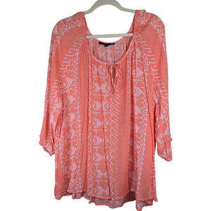 Como Black Women's Breezy Boho Blouse, Peach/White, 3/4 Sleeve, Size 2X